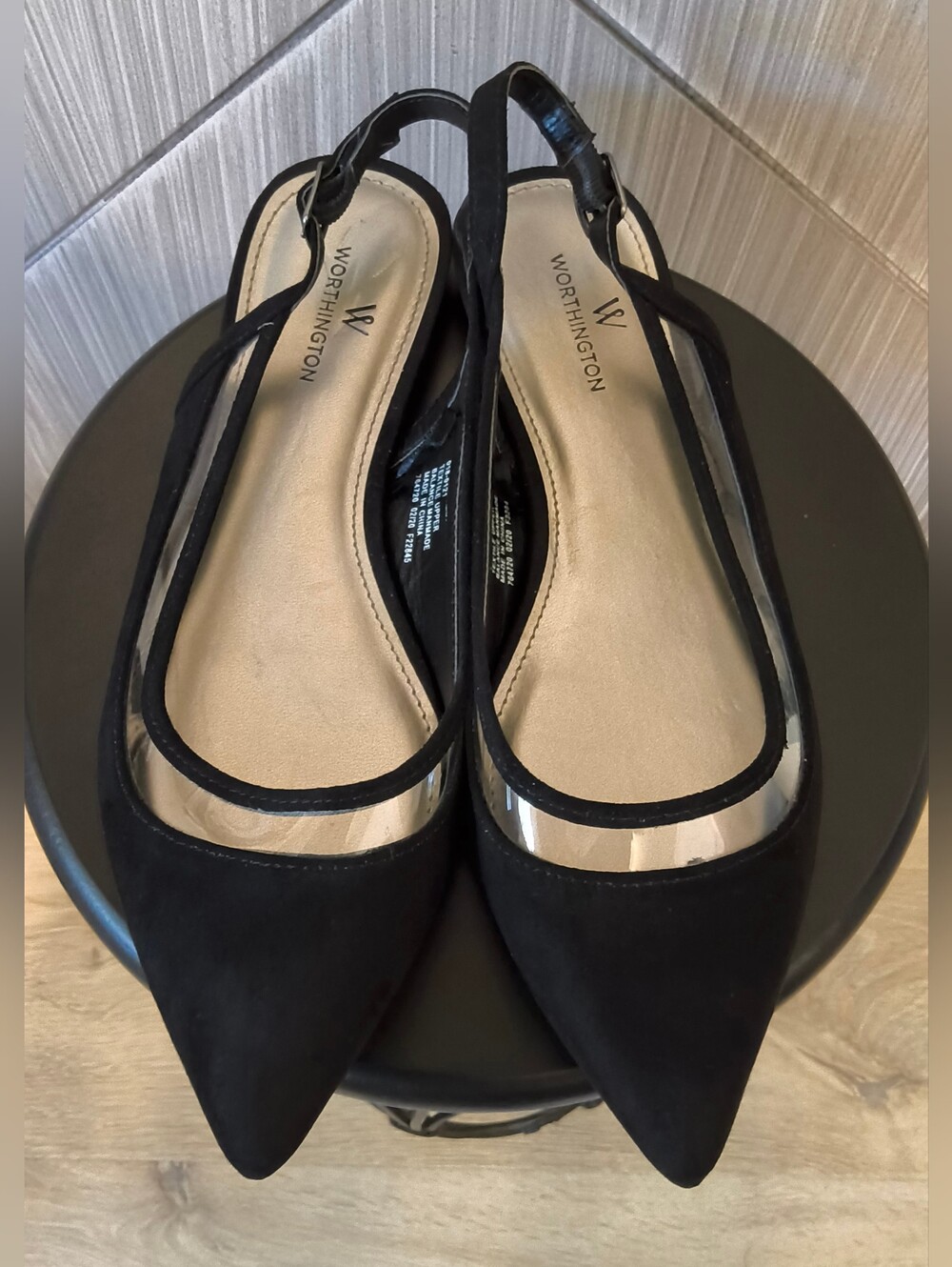 Worthington Gibby Black Pointed Toe Slingback Flats Silver Accent Size 7M